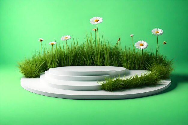 The background of the mockup and product is white and green platform with grass and flowers