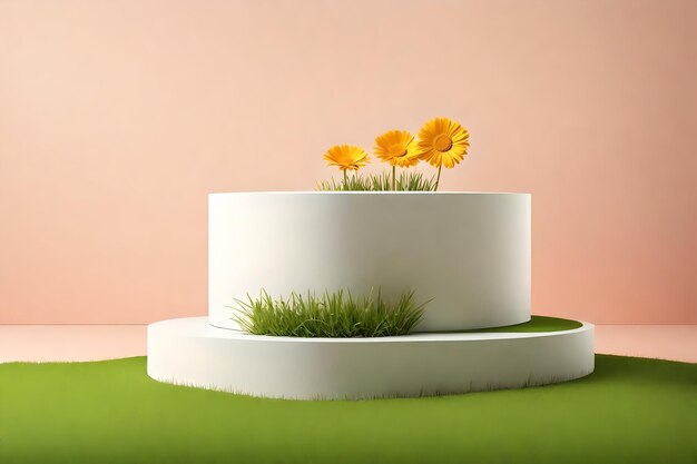 The background of the mockup and product is white and green platform with grass and flowers