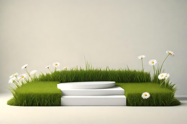 The background of the mockup and product is white and green platform with grass and flowers