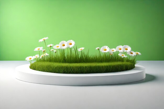 The background of the mockup and product is white and green platform with grass and flowers