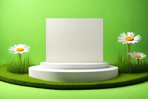 The background of the mockup and product is white and green platform with grass and flowers