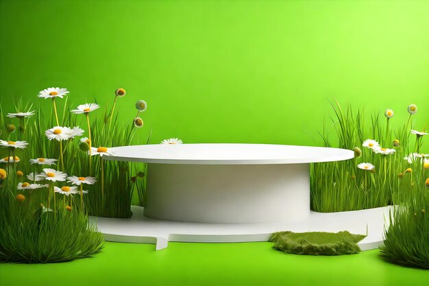 The background of the mockup and product is white and green platform with grass and flowers