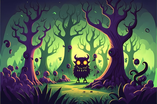 Background Monster mystical forest illustration, Cartoon Style landscape, For Game development