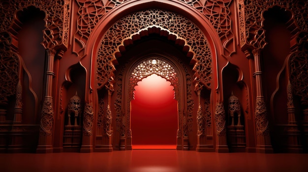 モスクの背景赤と黒の美しさで満たされた装飾品ラムダンとイードのイスラム背景と壁紙グリーティング カード