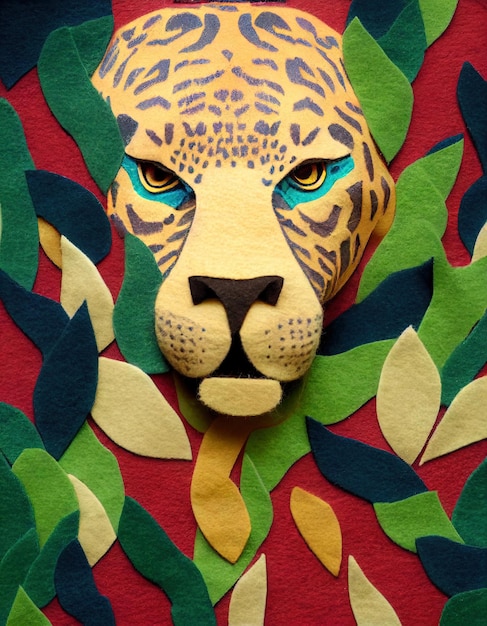 Background of multicolored pieces of felt Jaguar in the jungle Jaguar made of felt digital art illustration in 3d style