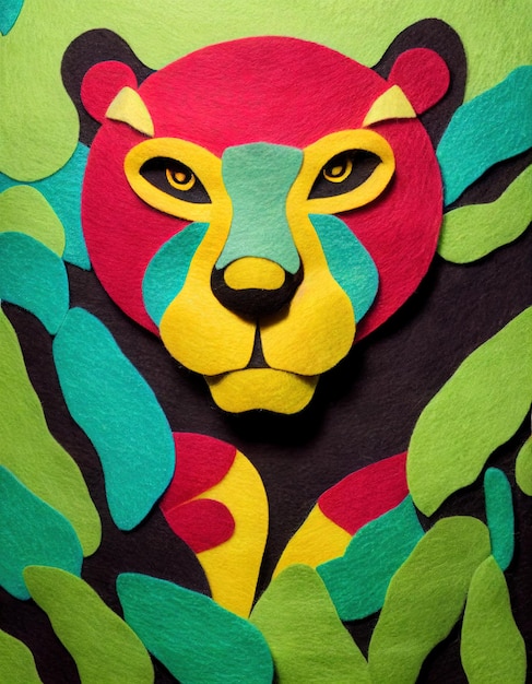 Background of multicolored pieces of felt Jaguar in the jungle Jaguar made of felt digital art illustration in 3d style