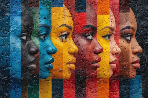 фоновая роспись с красочными лицами, символизирующими единство и разнообразие