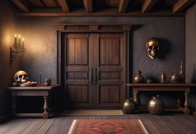 Background of mystical dark interior of medieval room with large wooden door and skull on table against an ancient stone wall Amazing backgrounds for Halloween holiday Copy space text place