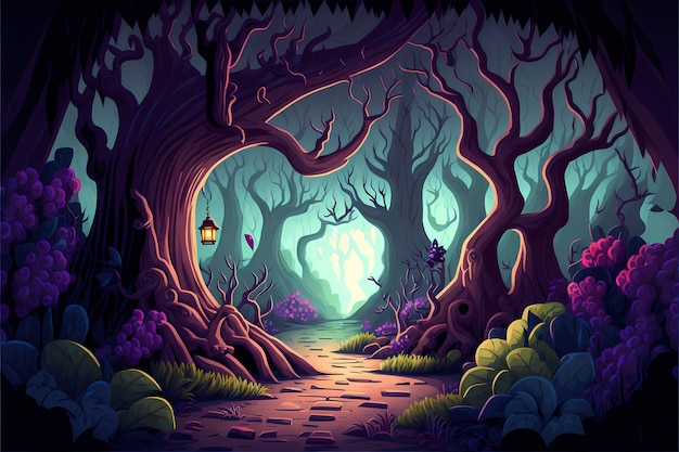 Background mystical forest illustration, Cartoon Style landscape,endless nature background