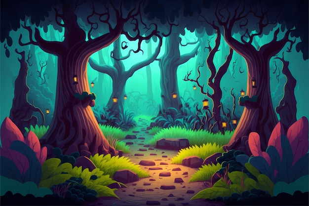 Background mystical forest illustration, Cartoon Style landscape,endless nature background