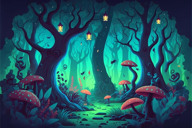 Background mystical forest illustration, cartoon style\
landscape,endless nature background