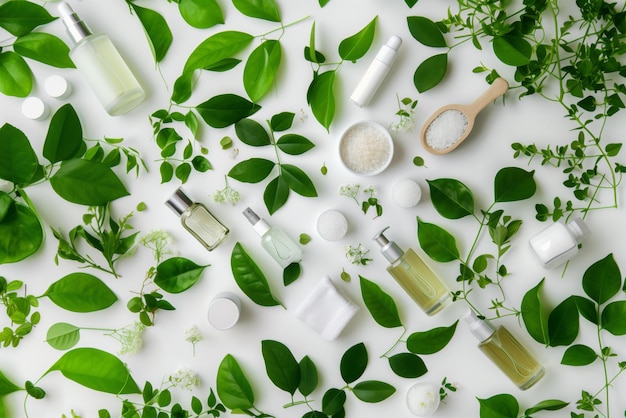 Background of natural cosmetics items and green leaves on a white background