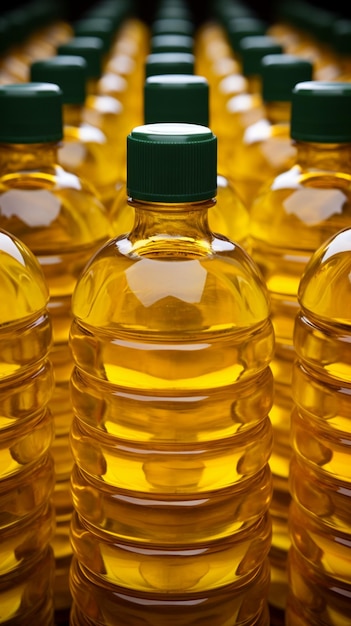Foto uno sfondo di bottiglie di olio vegetale ben allineate in una fabbrica o in un negozio. sfondo mobile verticale