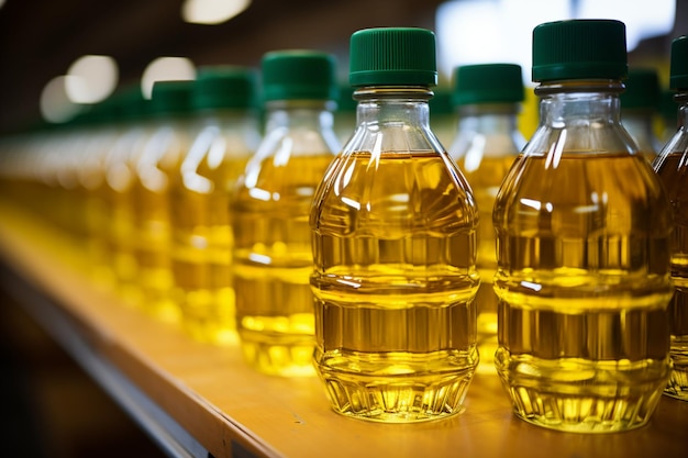 A background of neatly aligned vegetable oil bottles in a factory or store