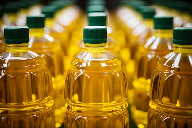 A background of neatly aligned vegetable oil bottles in a factory or store