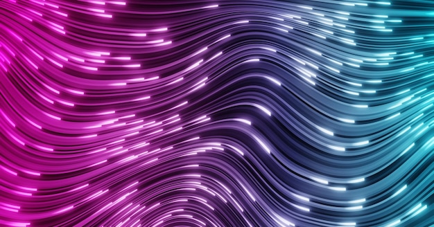 Фоновые неоновые линии потока фонаФутуристические технологии абстрактные обои с линиями для сети большой центр обработки данных сервер скорость интернета 3D рендерингЯркие неоновые лучи и светящиеся линии