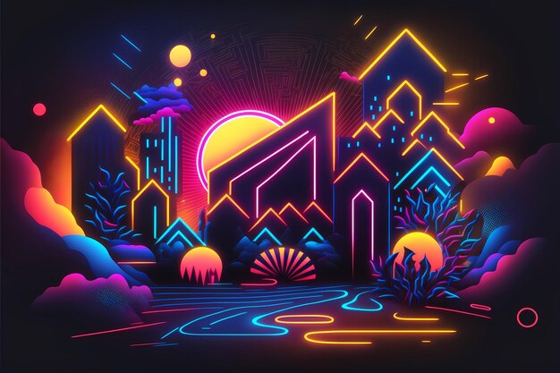 background neon lights metropolis night street cartoon style Illustration