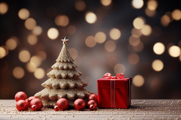 写真 コピースペースのクリスマス空の背景にクリスマスツリーと赤いギフトボックスの背景