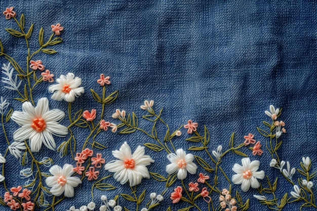写真 デニム織物の上に花の刺<unk>の背景