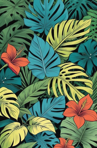 Фото Фон ярких тропических листьев и красных цветов иллюстрация