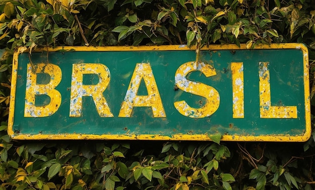Photo background of old rusty sign in green and yellow with the word brazil on foliage background