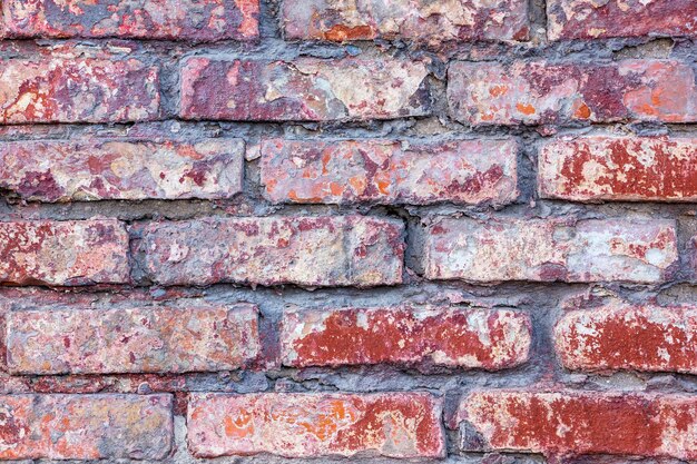 Background of old vintage dirty brick wall with peeling plaster and paint