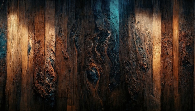 Background of old wood with epoxy resin in blue wooden table top with blue epoxy old boards wood patterns old dark wood background 3D illustration