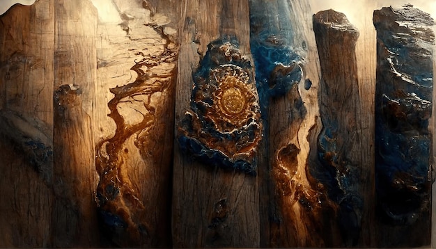 Background of old wood with epoxy resin wooden table top old boards. 3d render. Raster illustration.