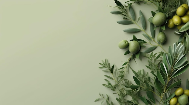 Background olive branch on a green background green olives olive oil green banner generative ai