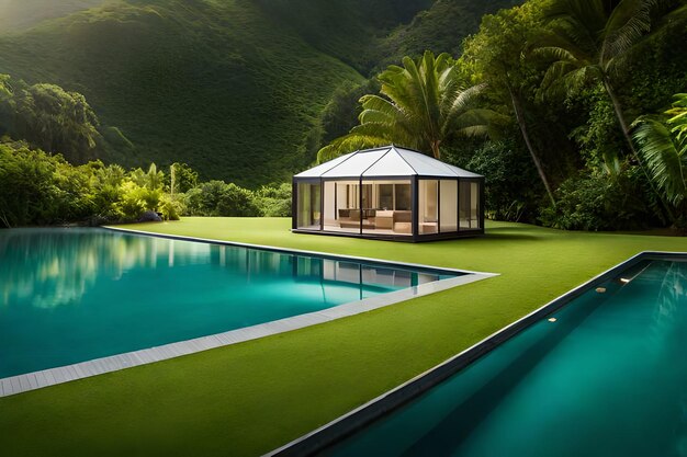 The background of the oneroom house overlooks the nature the pool and the sea