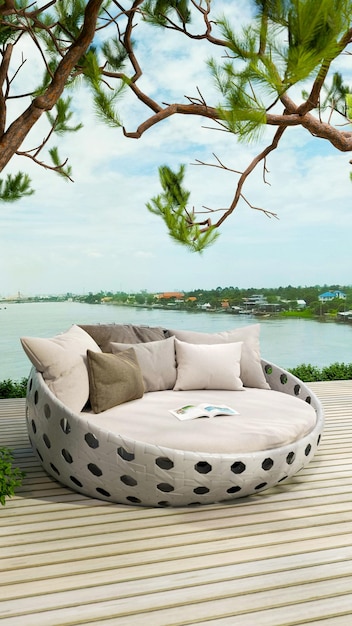background of outdoor garden lounging terrace and sofa with tree rooftop 3d illustration rendering
