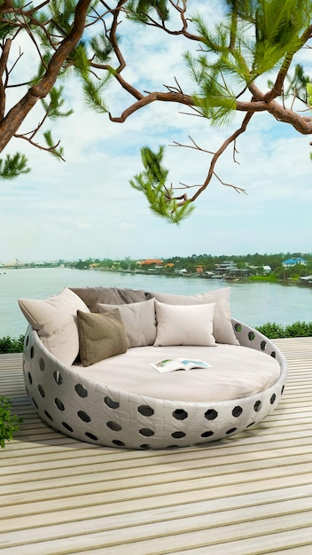 Background of outdoor garden lounging terrace and sofa with tree rooftop 3D illustration rendering