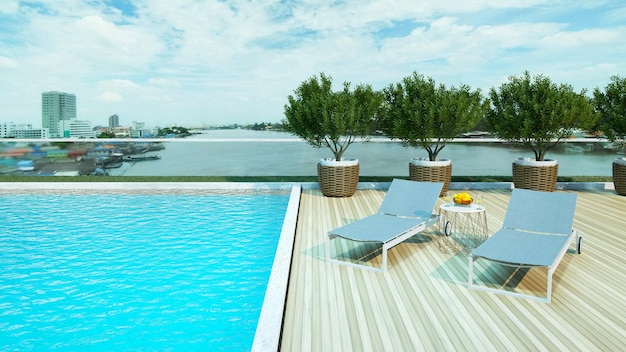 Background of outdoor lounging terrace and Lounge Chair with beautiful swimming pool rooftop 3D illustration rendering