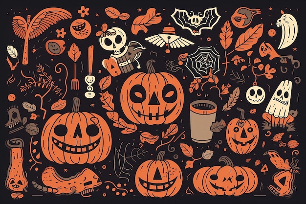 Background of painted pumpkins and halloween decor