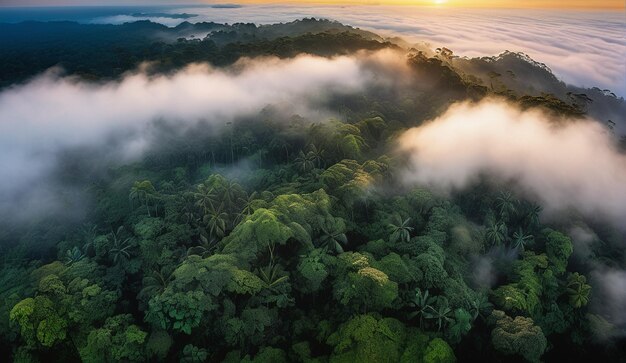 Photo background of a panoramic view of the misty amazon jungle