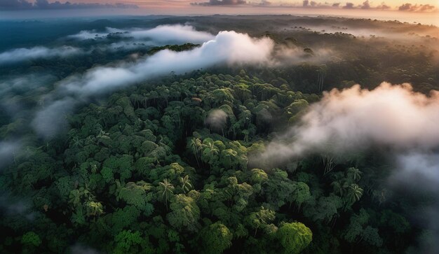 Photo background of a panoramic view of the misty amazon jungle