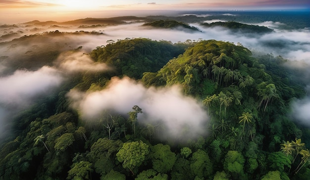 Photo background of a panoramic view of the misty amazon jungle
