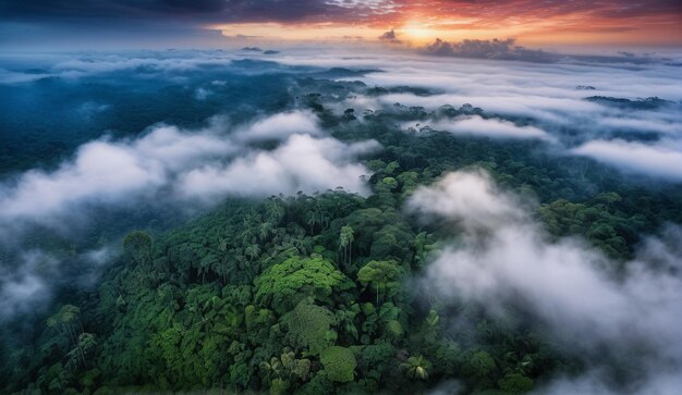 Photo background of a panoramic view of the misty amazon jungle