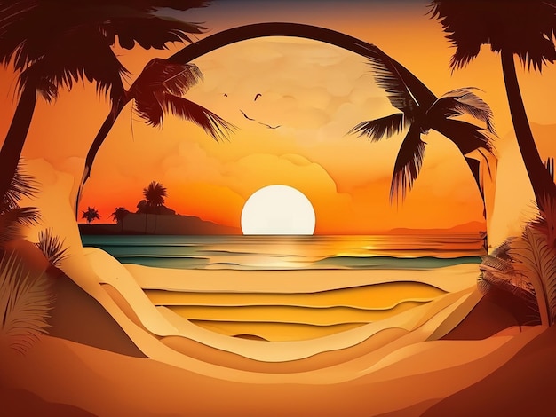 Background paper cutout round sunset beach