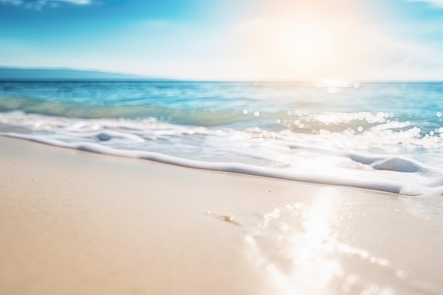 Background of a paradise beach with white sand and turquoise sea with sunbeams Ai generative