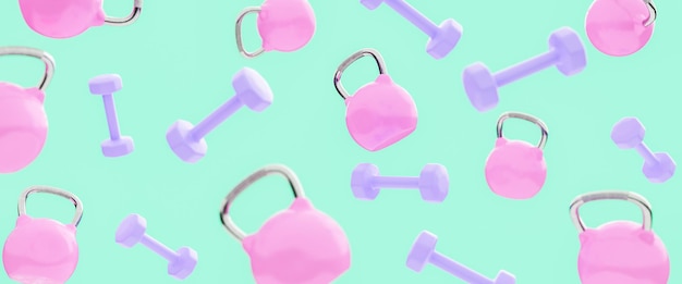 background of pastel colored dumbbells and kettle bells on an isolated aquamarine background