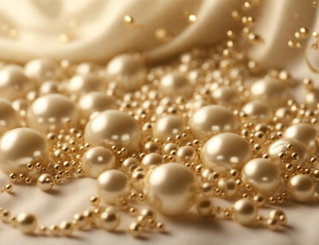 Background of pearls of different sizes scattered on light beige fabric