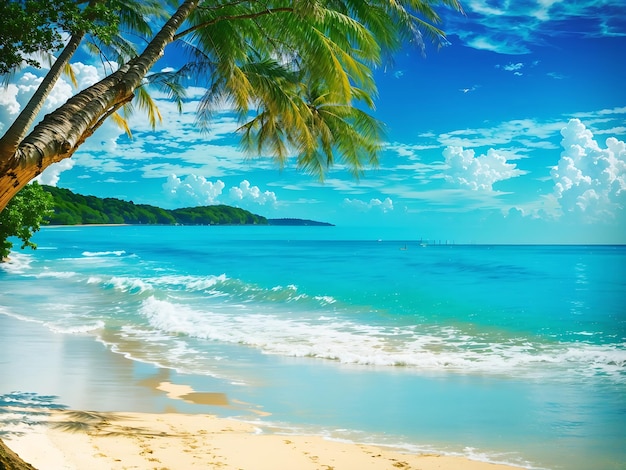 Фоновое фото пышных зеленых пальмовых листьев с солнечными лучами, проходящими через пляжную летнюю концепцию