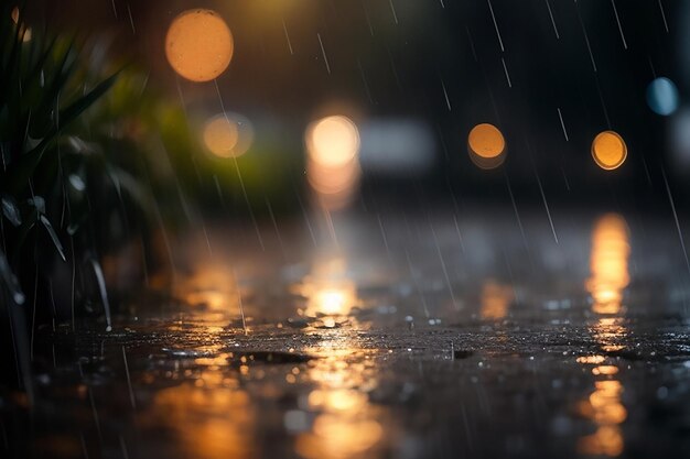 Background photo of rain drops on asphalt with beautiful reflection of urban lights at night