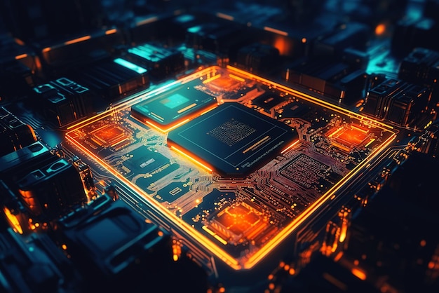 Background photo of smart microchip on motherboard closeup technology