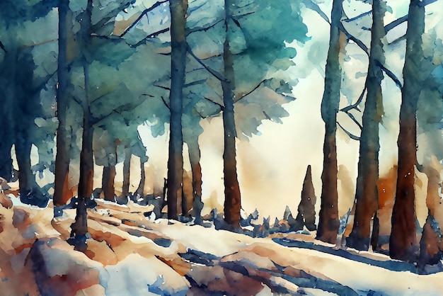 Background of pine forest in the mountain watercolor painting\
landscape picture painting art green and fresh color