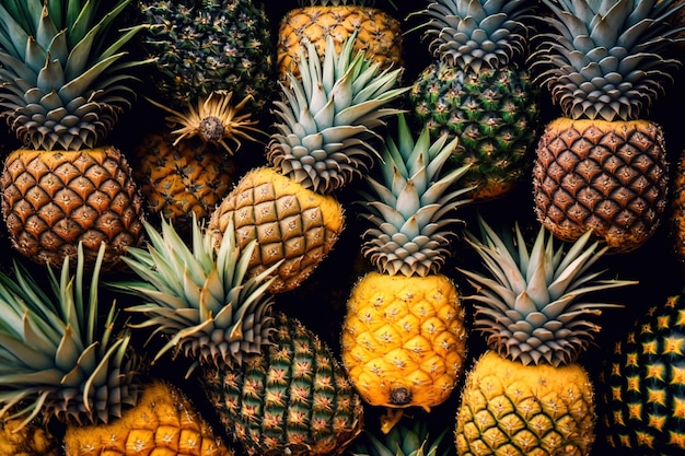 Background of pineapples with many ripe yellow