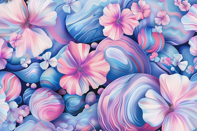 background of pink and blue striped river stones and flowers