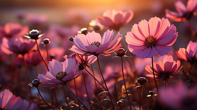 Background pink flowers bloom in the garden