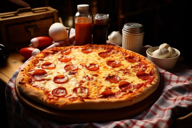 Background of pizzas on and tablecloth